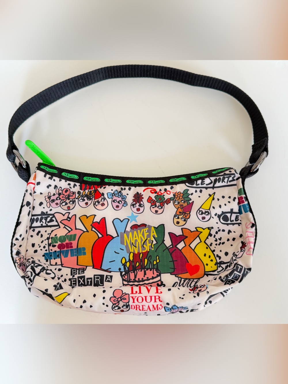Lesportsac X Alber Elvaz Shoulder Hobo Bag Neon Green Zipper Party Vibe